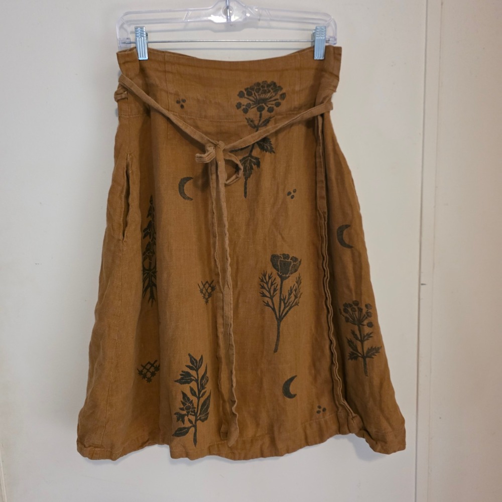 Magic Linen Floral Moon Celestial Womens Wrap Skirt Medium Brown Fairy Grunge